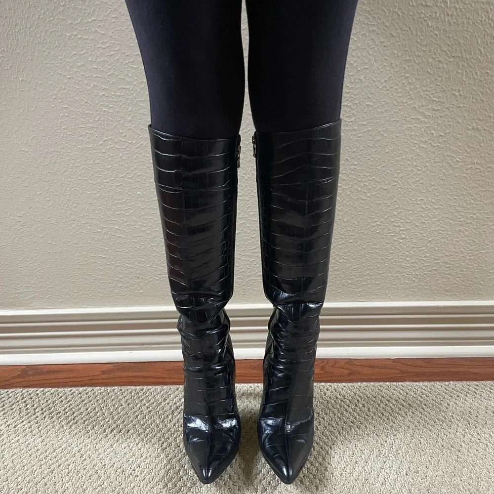 Prada Black Croc-Embossed Heeled Boots - Picture 4 of 10